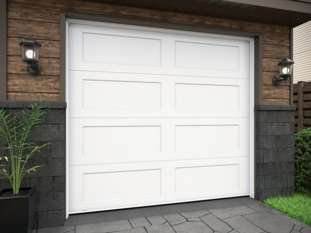 Guide pratique : tout pour acheter LA bonne porte de garage • Garex Guide pratique - Porte moderne Shaker XL en acier blanc, design épuré avec cadres larges.
