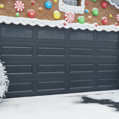 Garage door decorated with a festive gingerbread theme, featuring candy canes, gingerbread men, gumdrops, icing-like trim, and colorful holiday accents for a whimsical Christmas look.