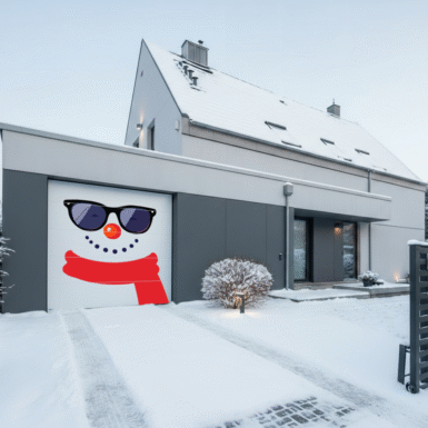 Porte de garage transformée en bonhomme de neige géant avec autocollants représentant les yeux, la bouche et le nez en carotte, décorée pour une ambiance hivernale.